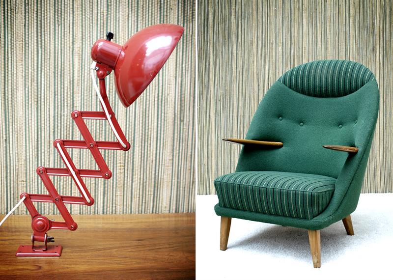 Detail photos of a red retro lamp and a green armchair.