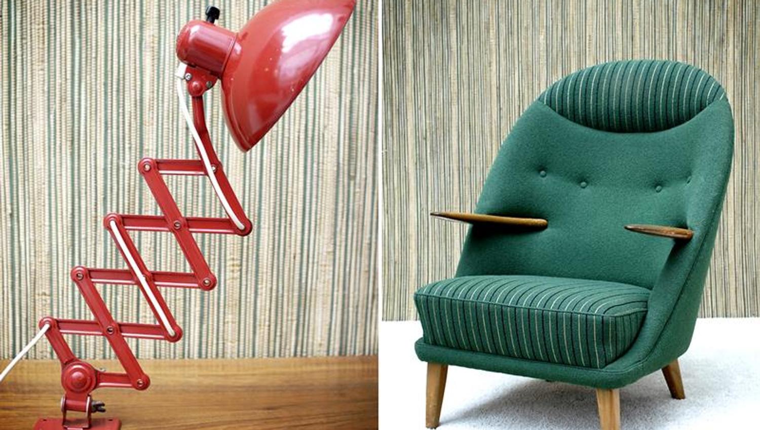Detail photos of a red retro lamp and a green armchair.