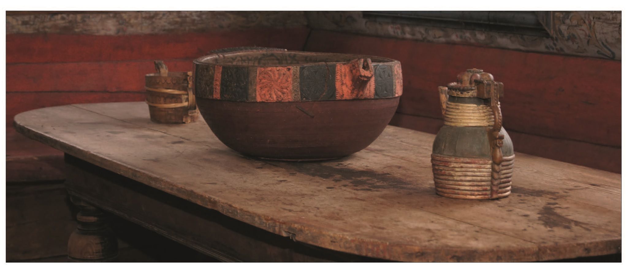 Brown bowl, bucket, and pitcher.