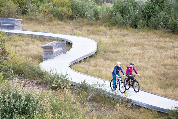 cyclists are biking on a path