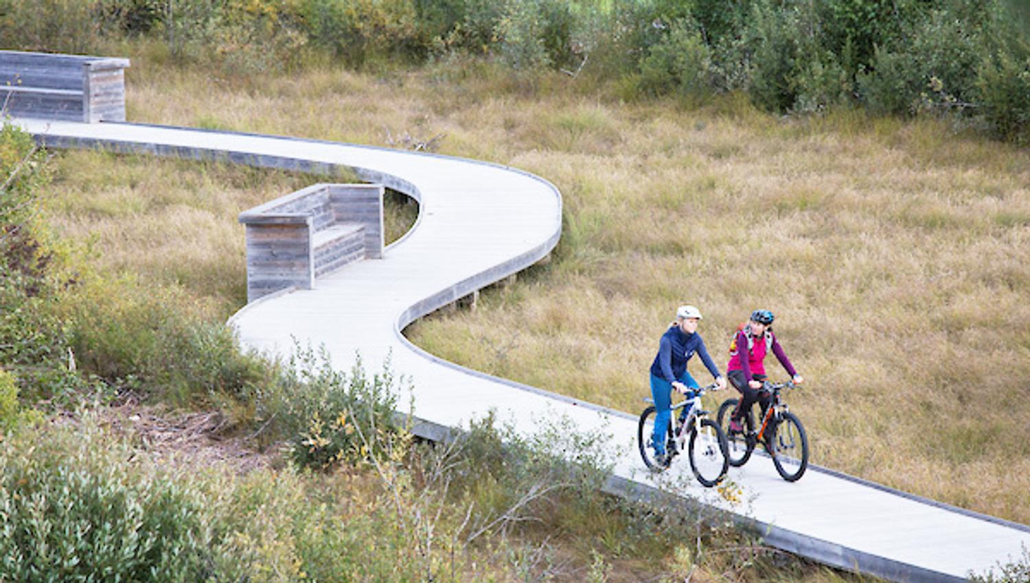 cyclists are biking on a path
