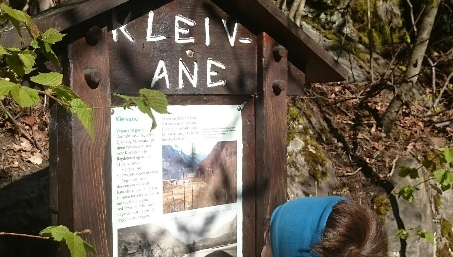 Child reading the “Kleivane” information board on the Hjøllo–Mannsåker cultural trail in Hardanger.