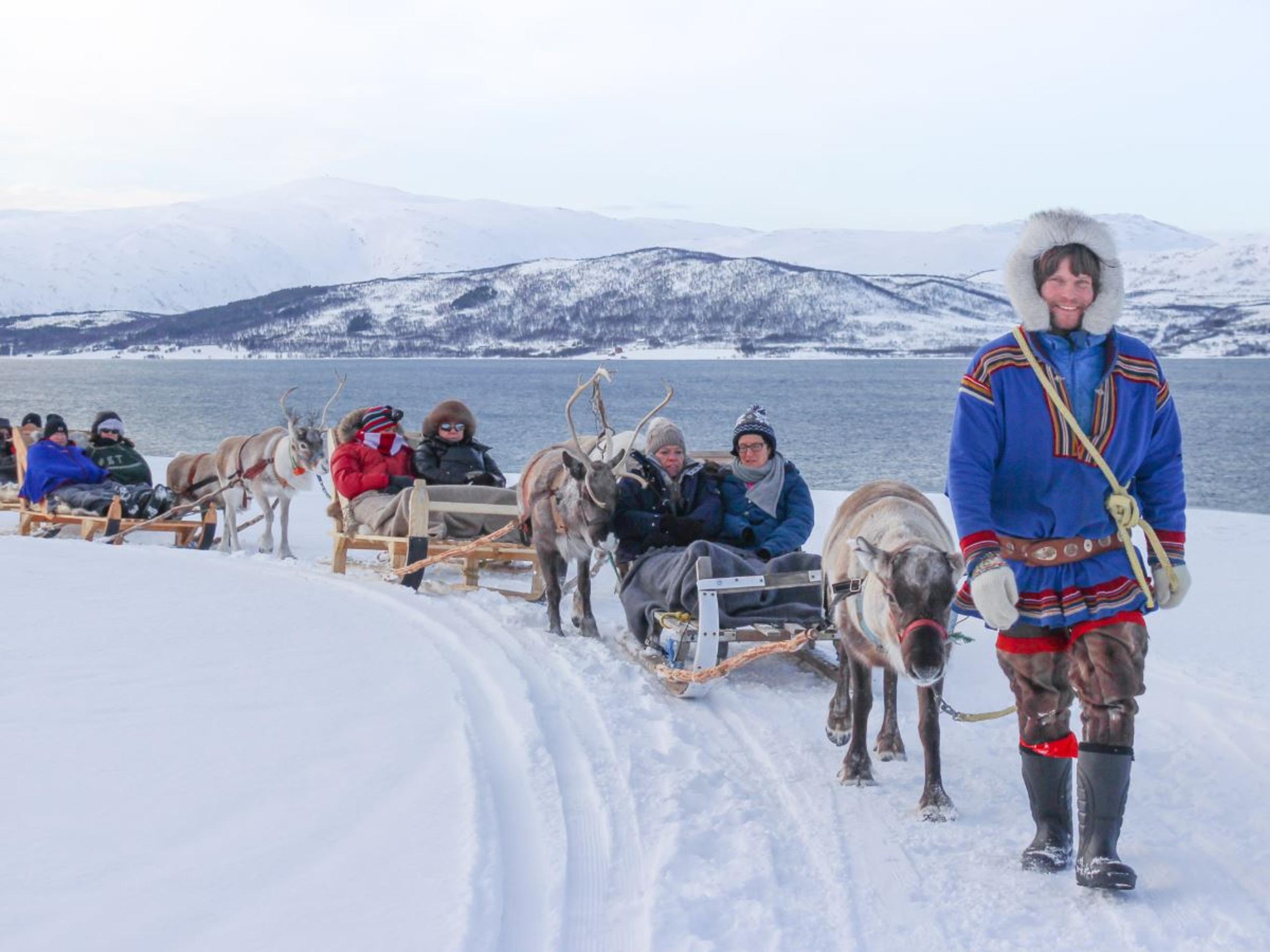 Guests travelling by reindeer sled through a snowy winter landscape with a guide from Tromsø Arctic Reindeer.
