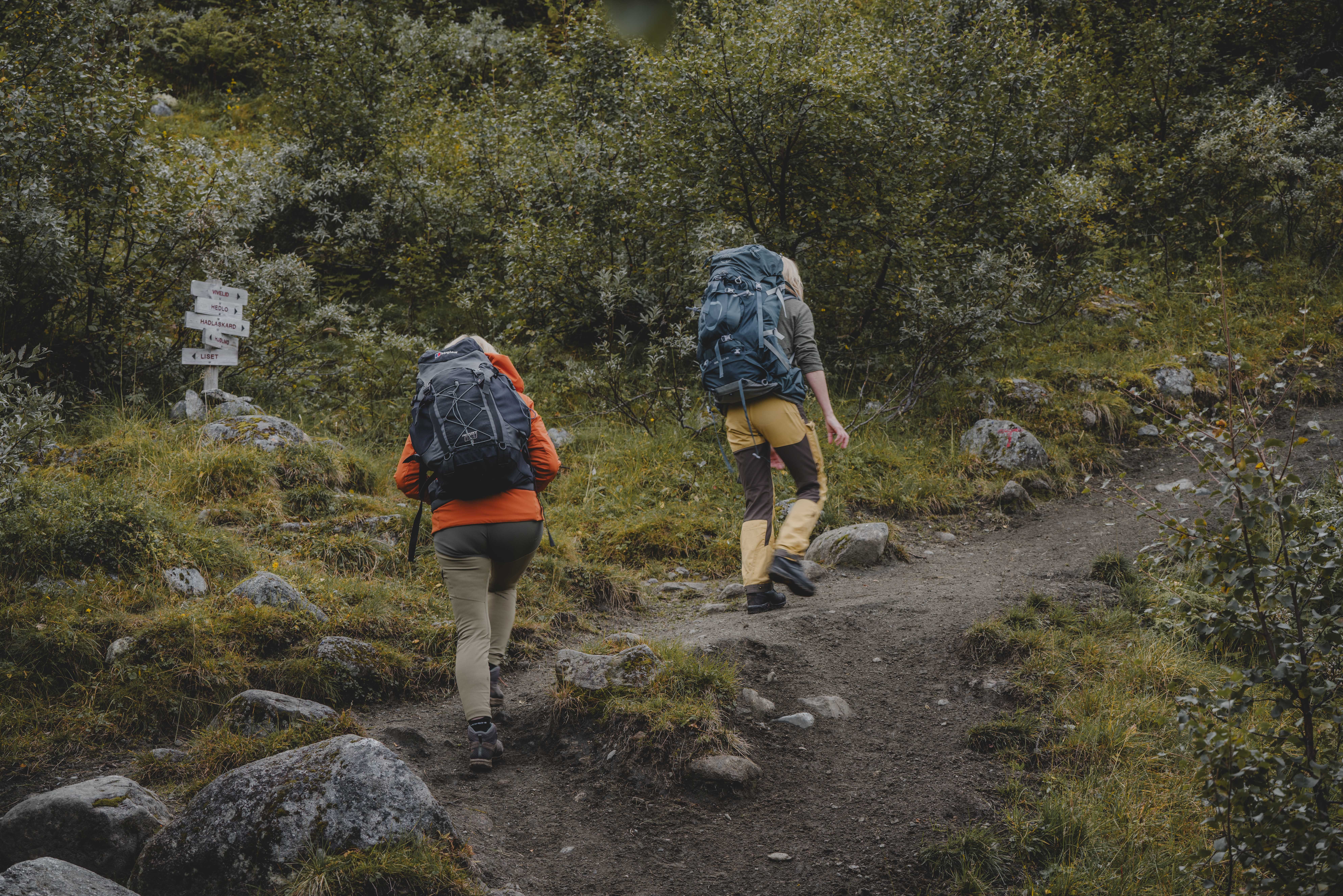 Two women hiking up a hill wearing large backpacks.