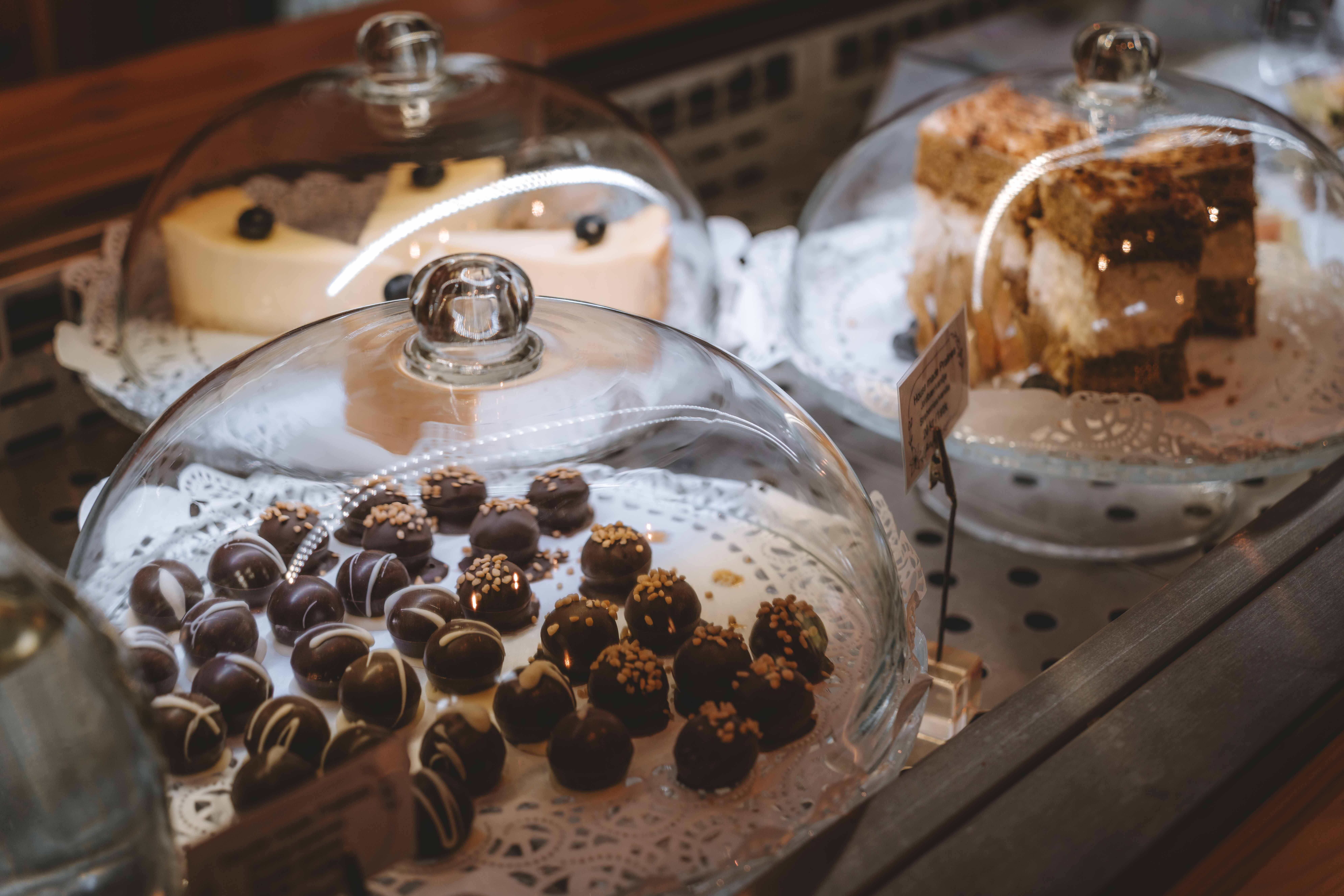 Platters of chocolate and cakes.