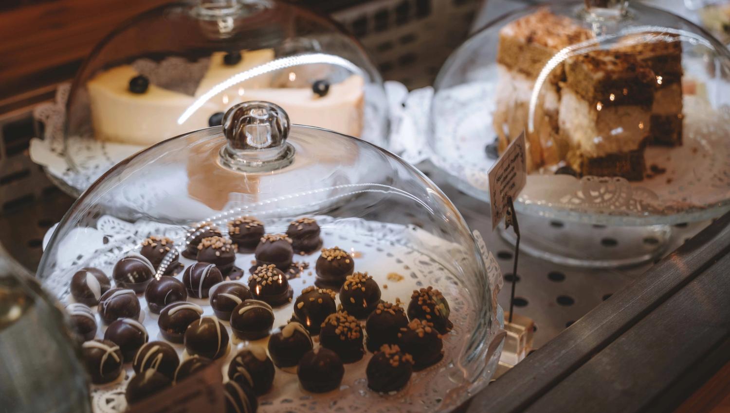 Platters of chocolate and cakes.