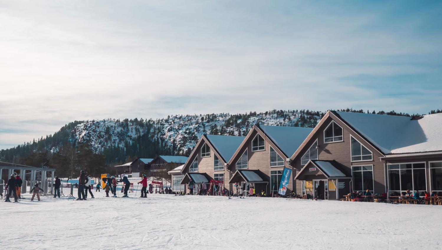 service building with café and ski rental at Gautefall ski center in Drangedal