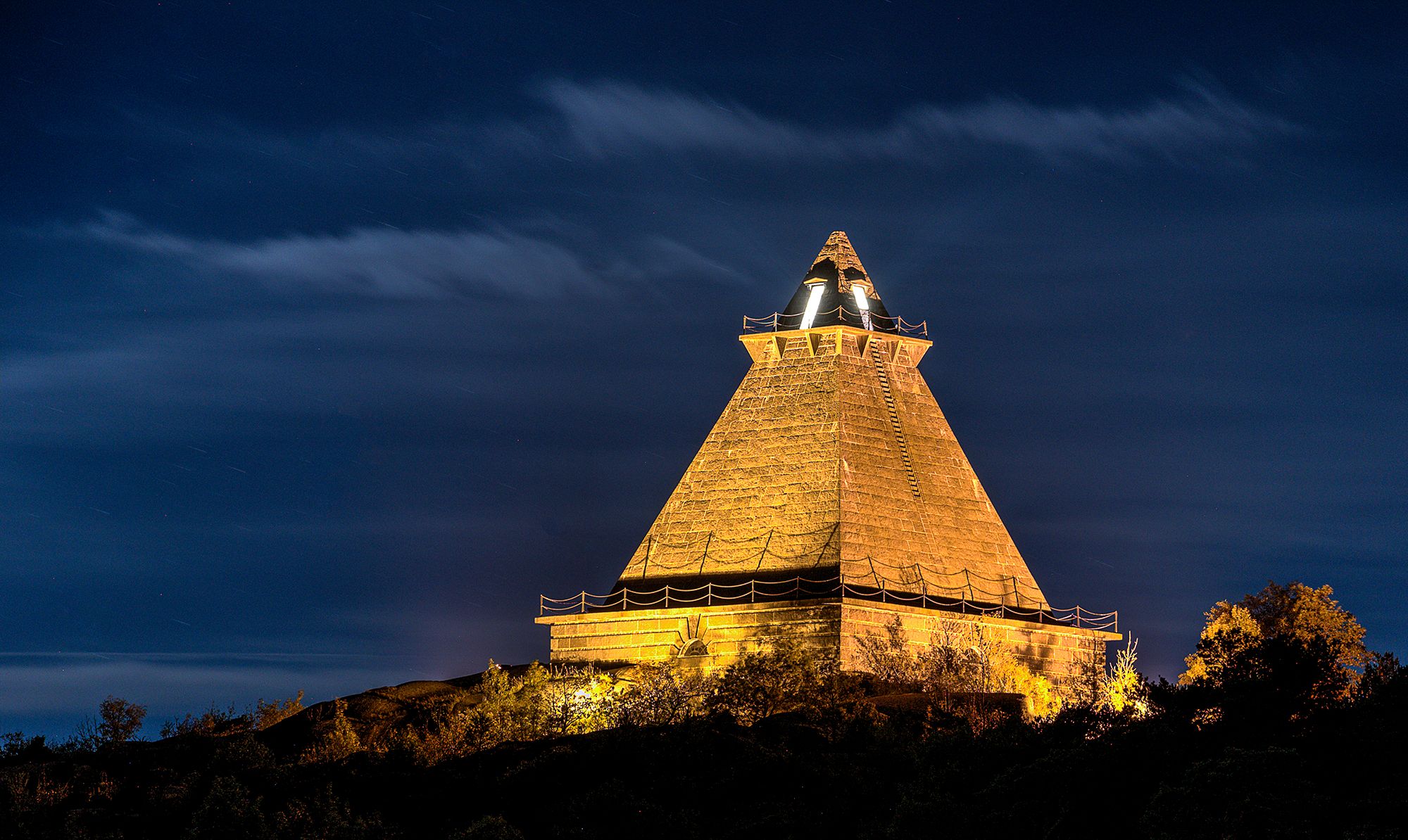 The pyramid lights up in the evening