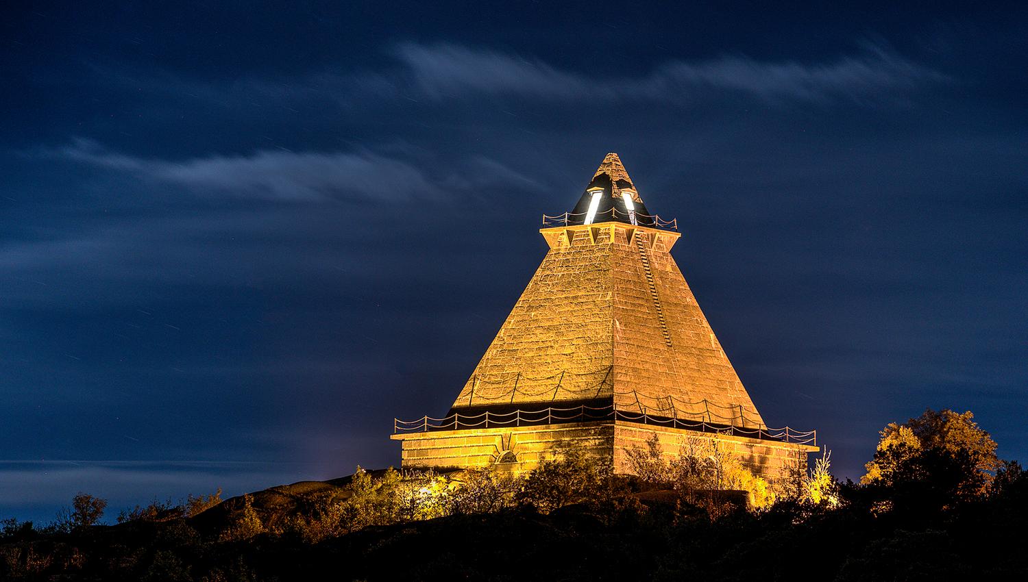 The pyramid lights up in the evening