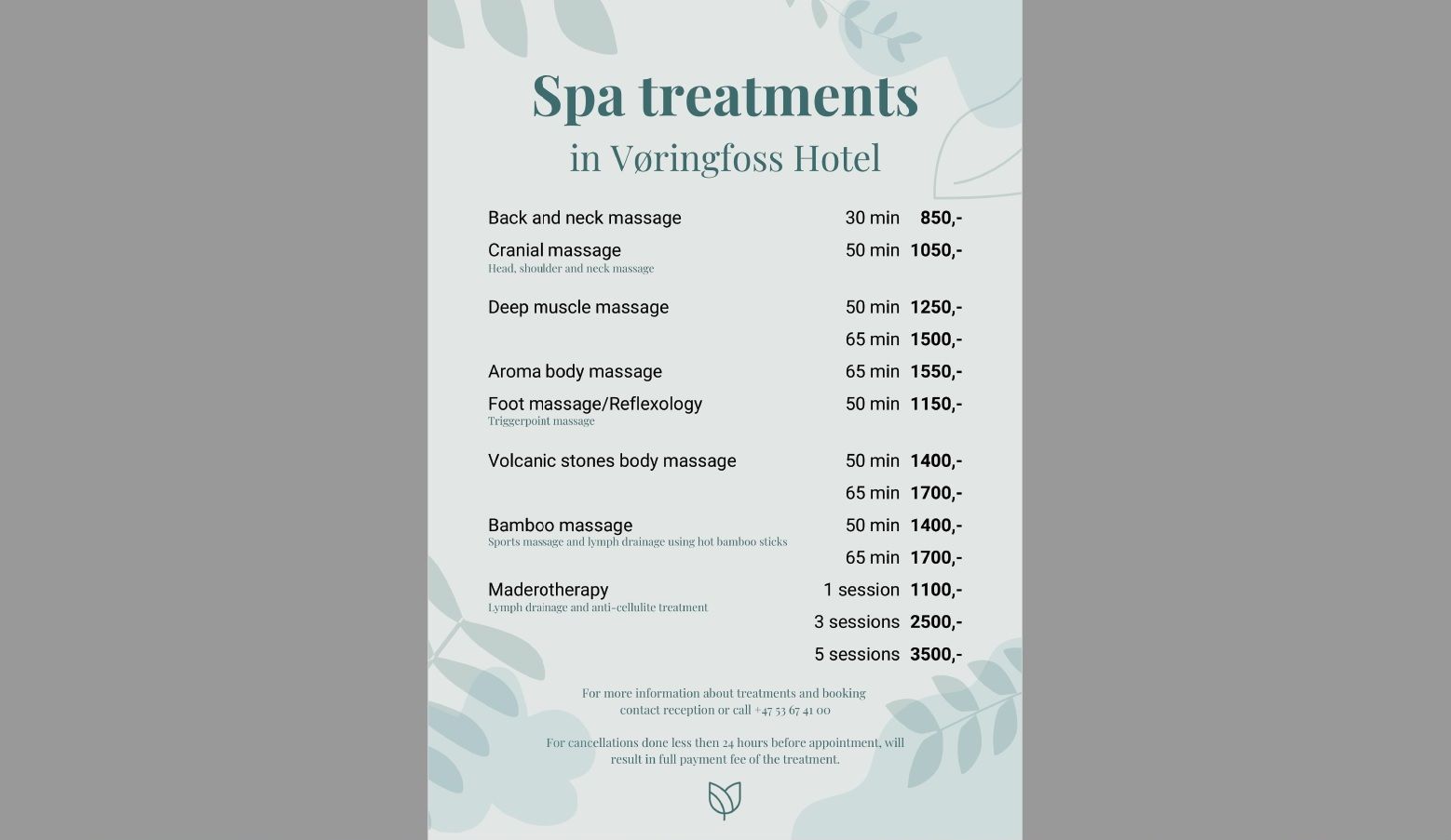A spa menu in english.