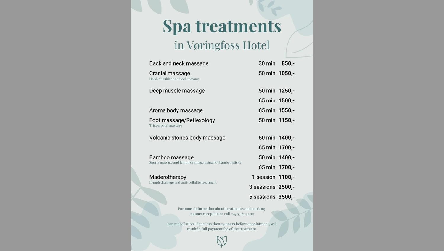 A spa menu in english.