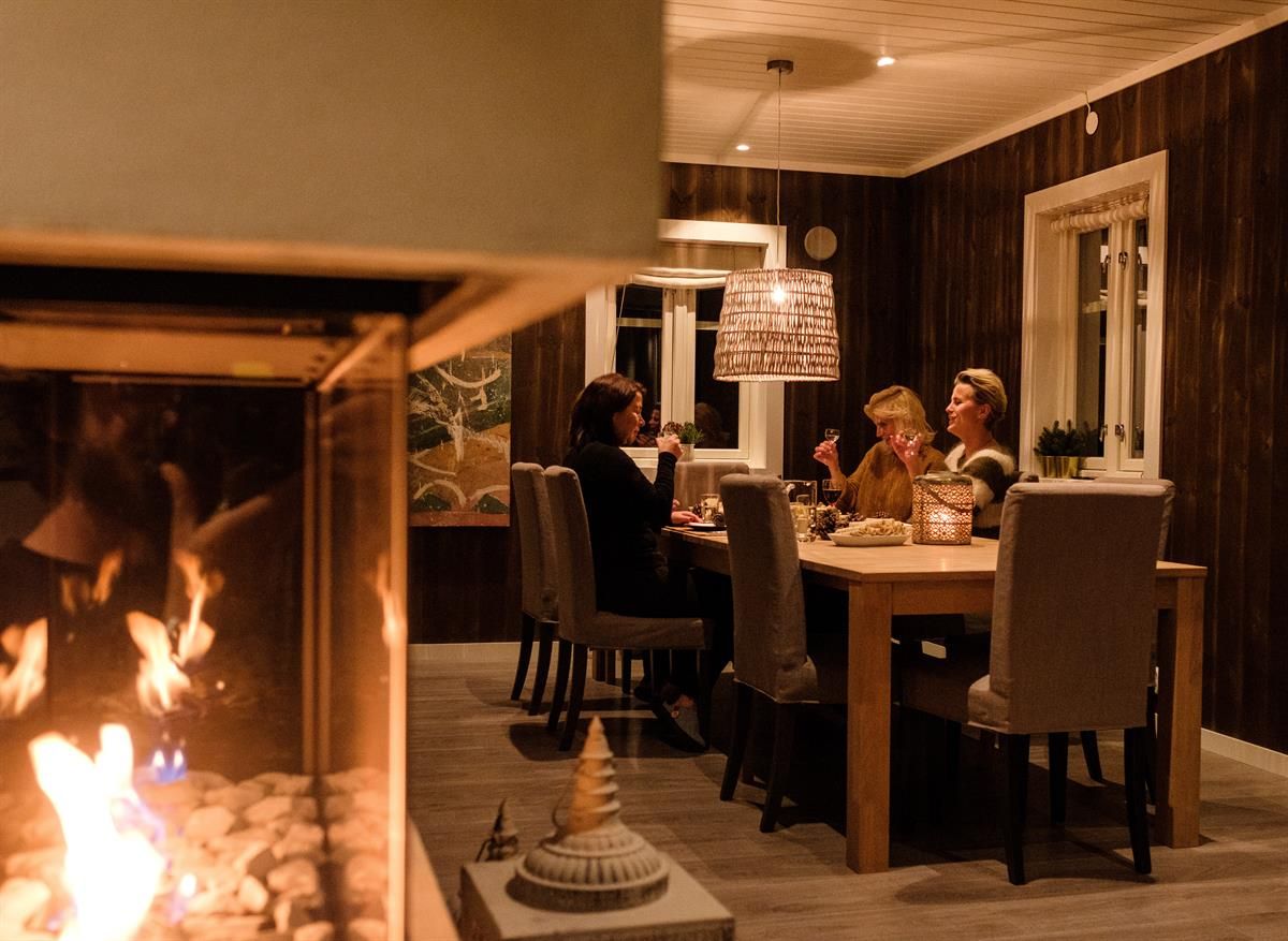 A group of people seated around a dining table indoors, with a fireplace in the foreground.
