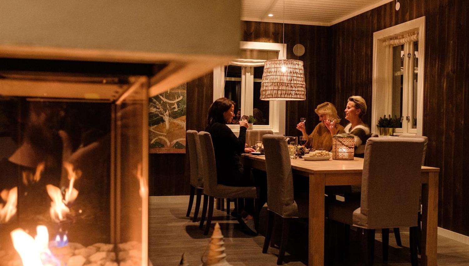 A group of people seated around a dining table indoors, with a fireplace in the foreground.