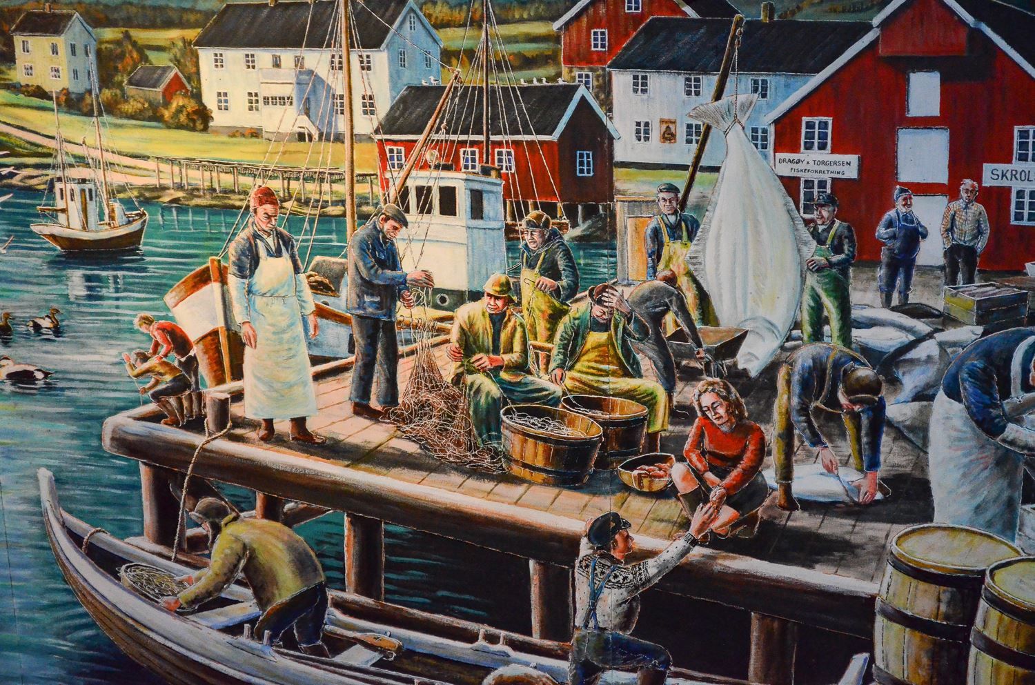 Illustration of a Norwegian fishing harbor.