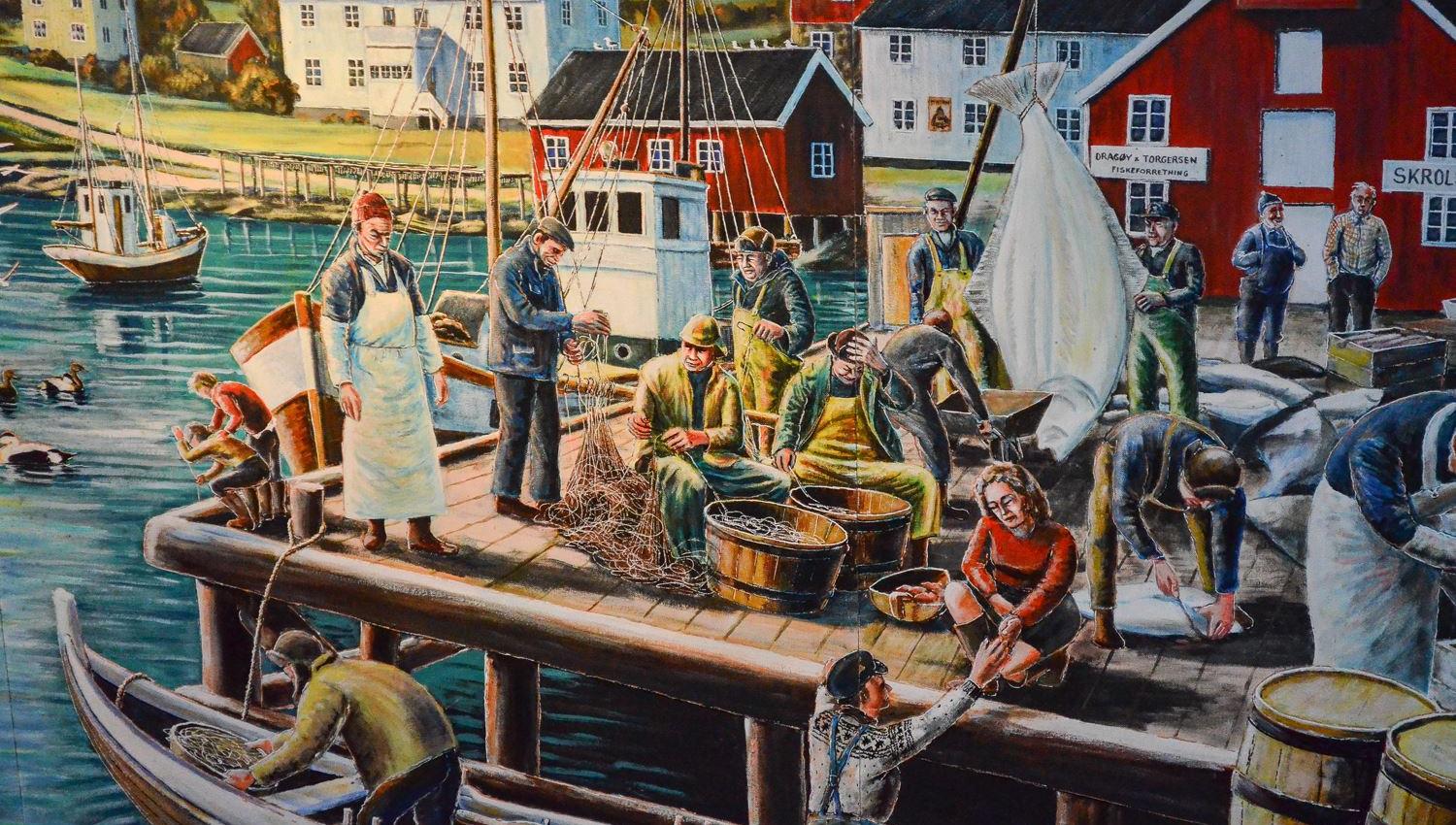 Illustration of a Norwegian fishing harbor.