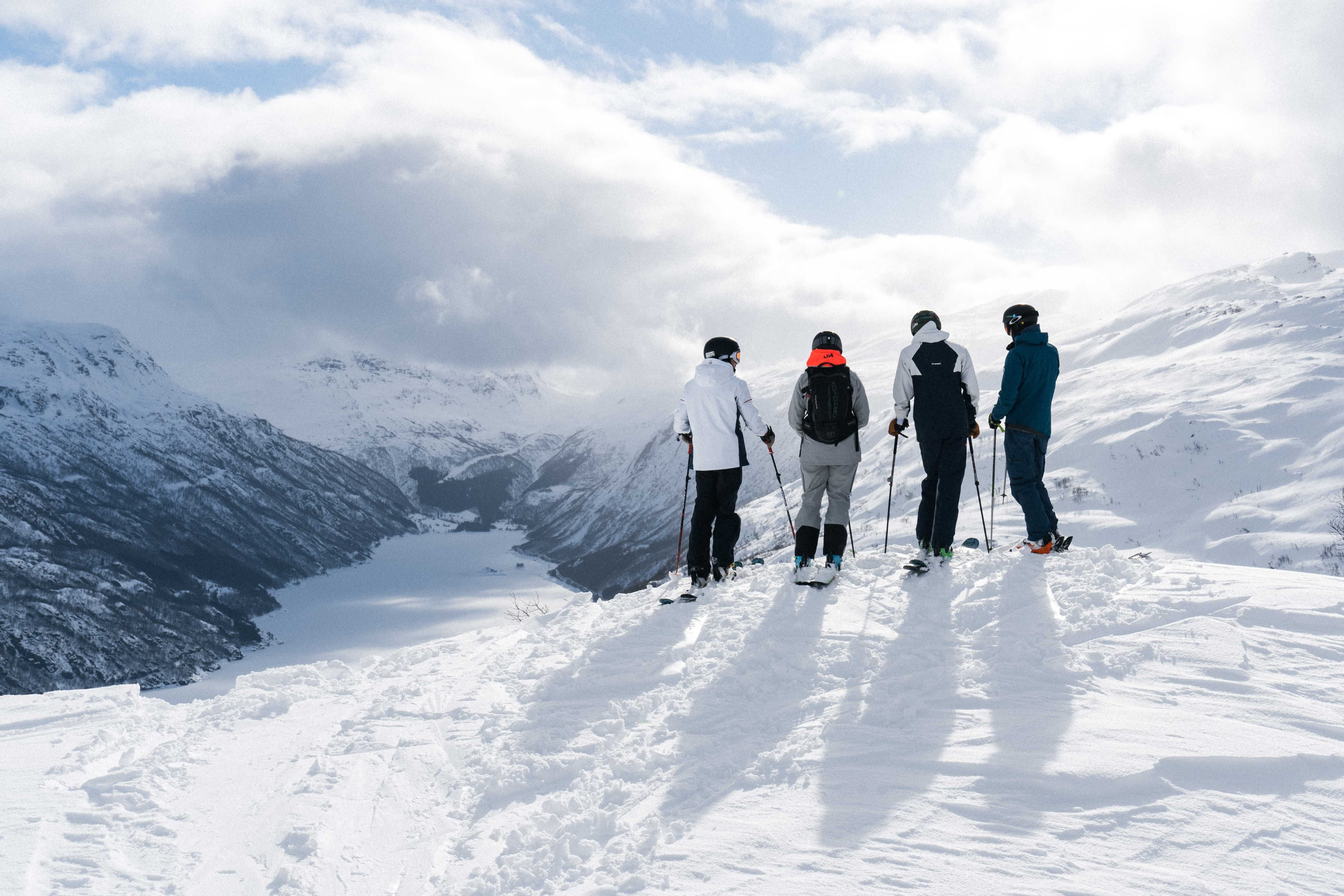 Four people on skiis are standing and looking out on a snow-covered landscape. 