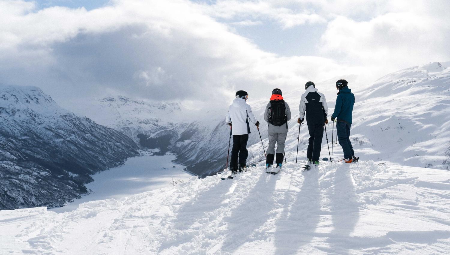 Four people on skiis are standing and looking out on a snow-covered landscape.