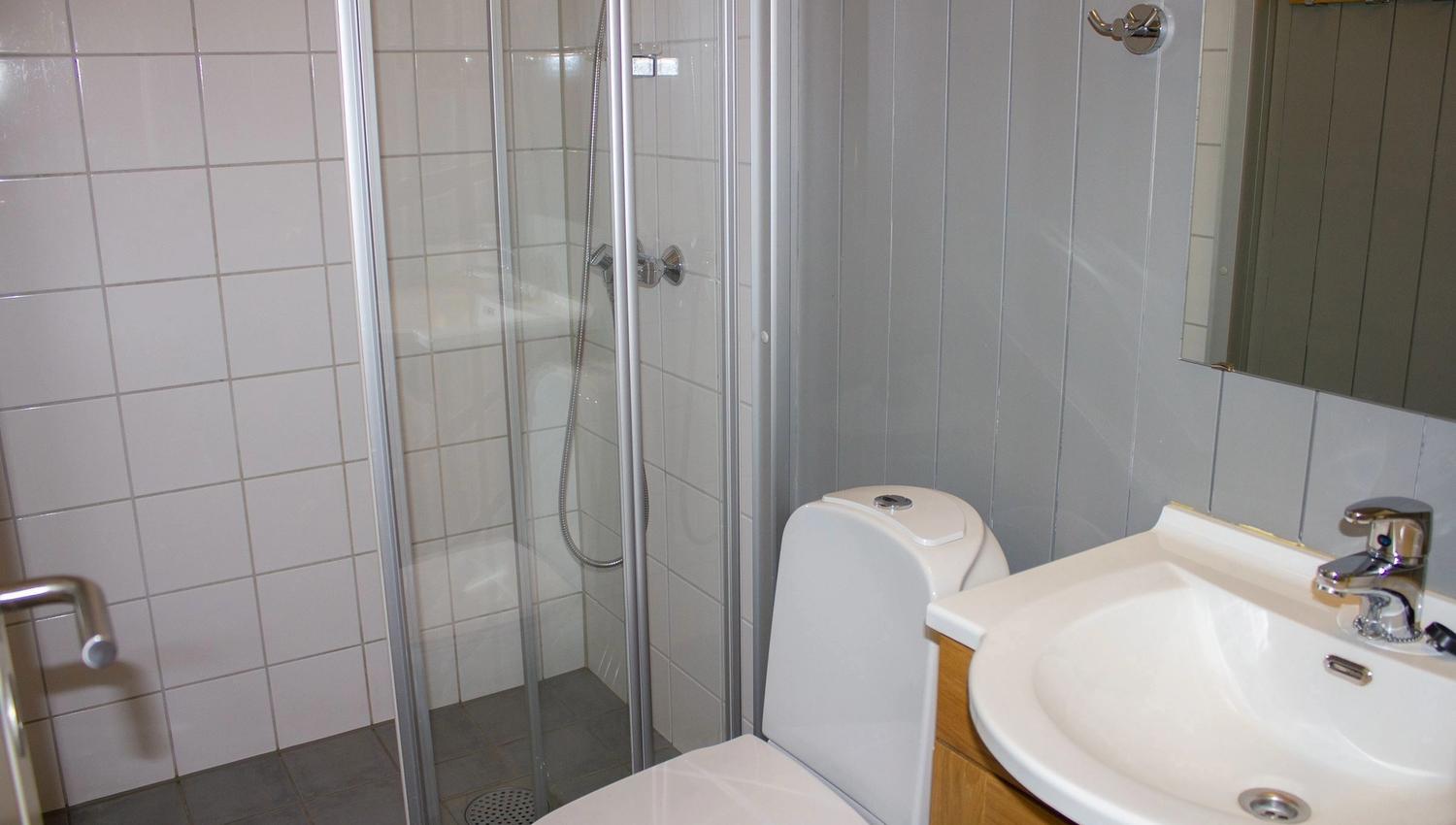 A bathroom with shower and toilet.
