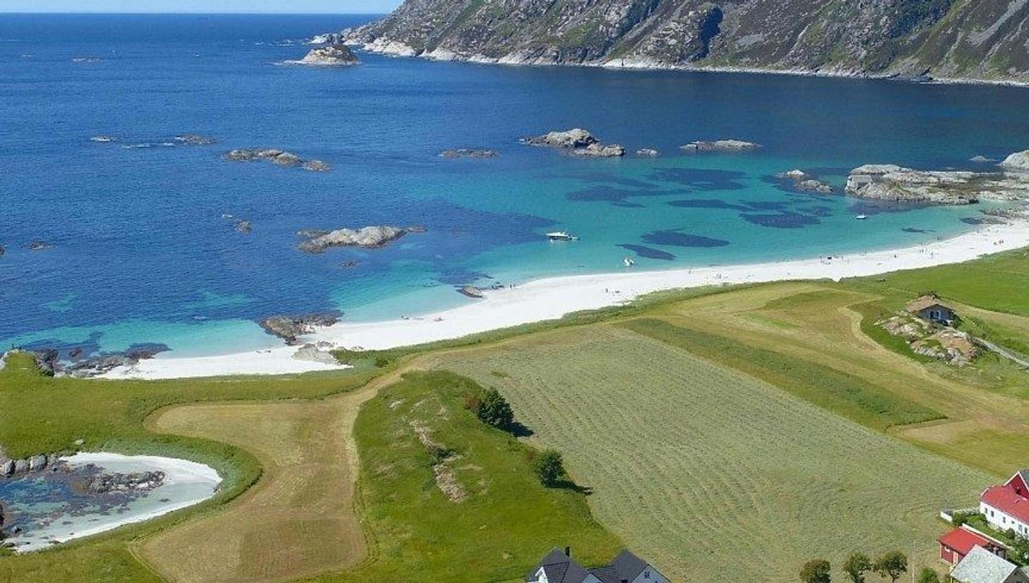 Aerial view of red-roof farm buildings by green fields and a white sand beach with turquoise sea and rocky cliffs..
