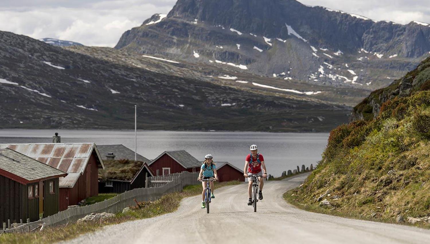 Cycling along Jotunheimvegen, a part of the Mjølkevegen Cycling Route, with the mountain of Bitihorn in the background.