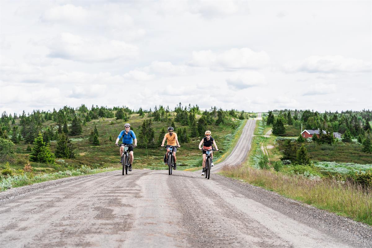 Drei Radfahrer fahren auf einem Schotterweg durch eine offene Hochgebirgslandschaft auf die Kamera zu, im Hintergrund eine rote Hütte.