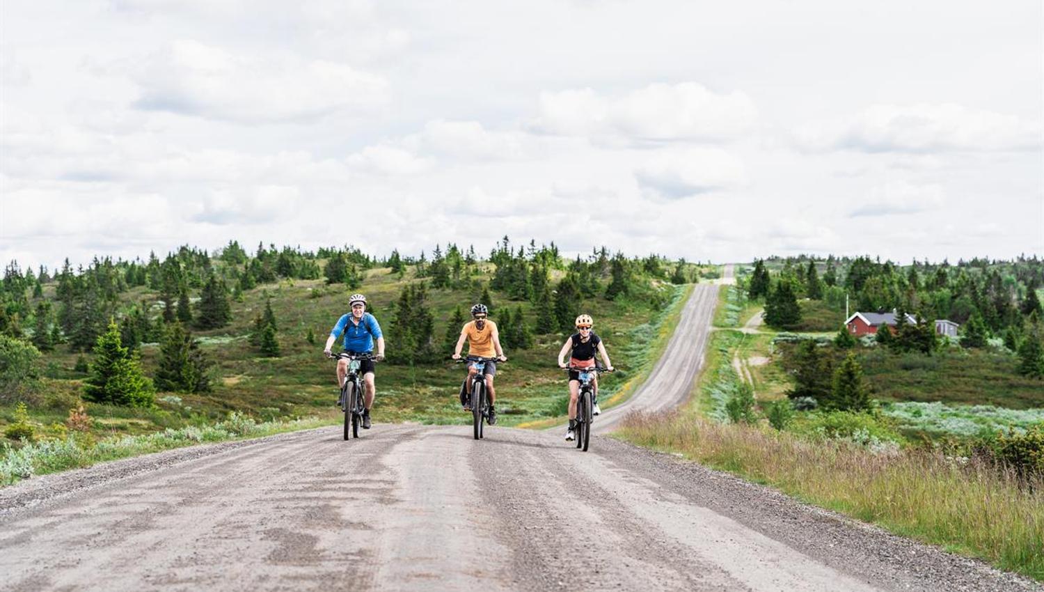 Drei Radfahrer fahren auf einem Schotterweg durch eine offene Hochgebirgslandschaft auf die Kamera zu, im Hintergrund eine rote Hütte.