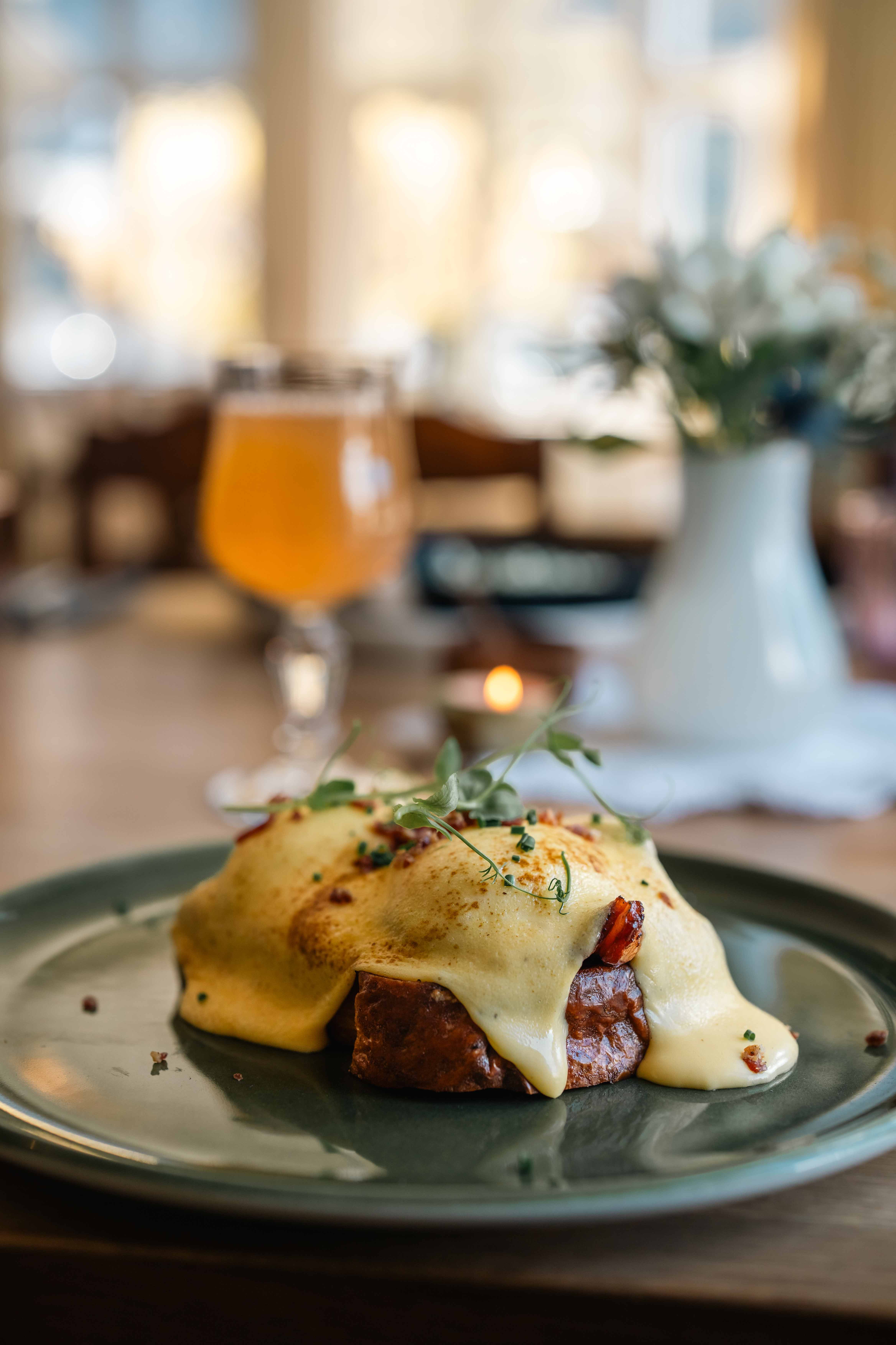 A savory dish with hollandaise at Vik Restaurant, Bakeri & Kafé.