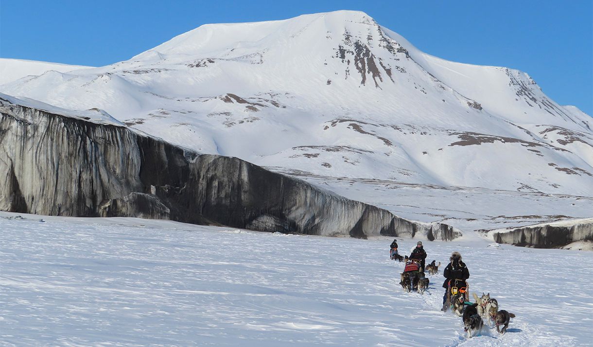 Hunder og gjester som kjører hundespann på rekke i forgrunnen omringet av et snødekt landskap med en isbrefront og et fjell i bakgrunnen