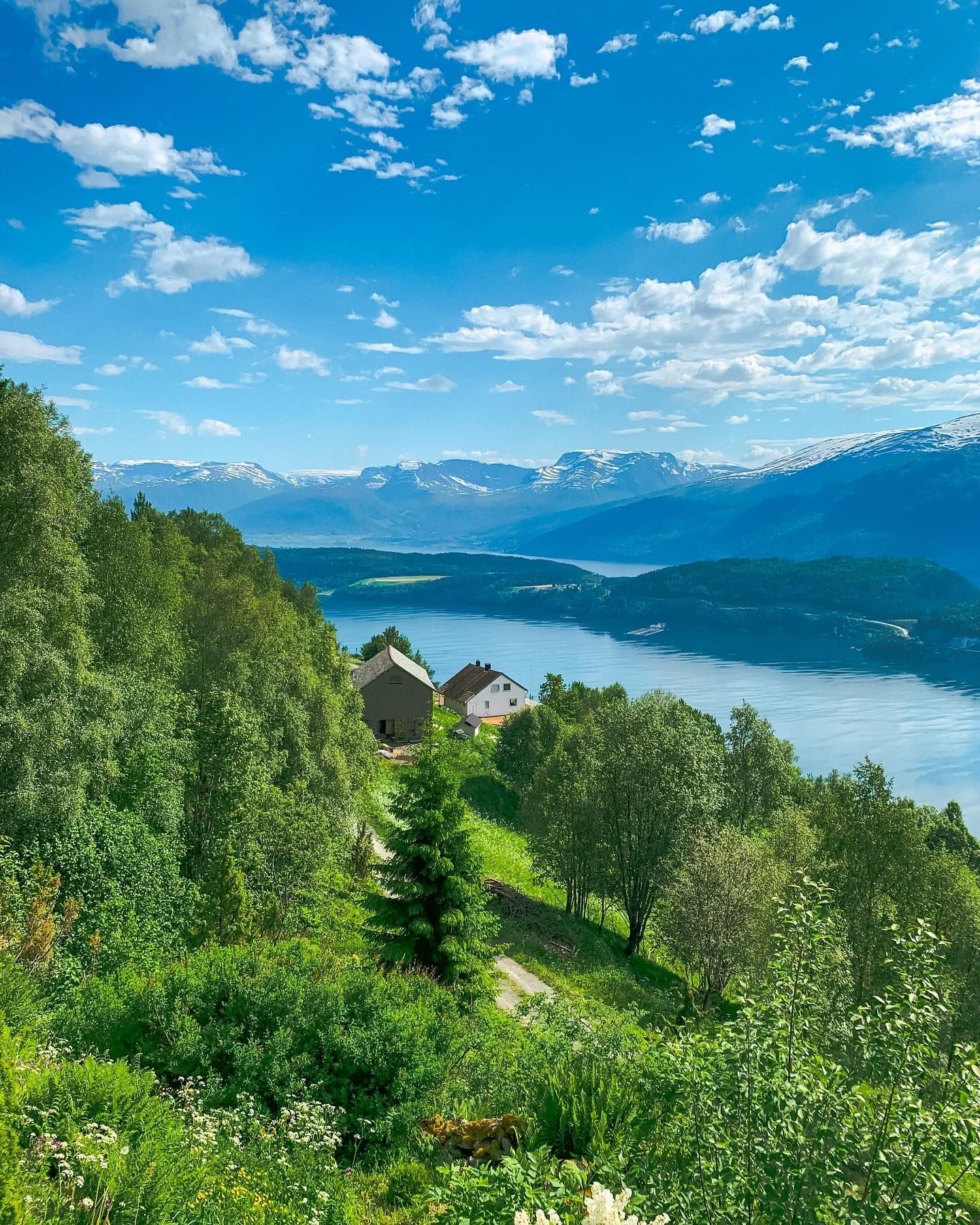 Stunning panoramic view from the Birdbox cabin at Skaara Living on Lotsberg in Nordfjord, surrounded by mountains and fjord landscape.