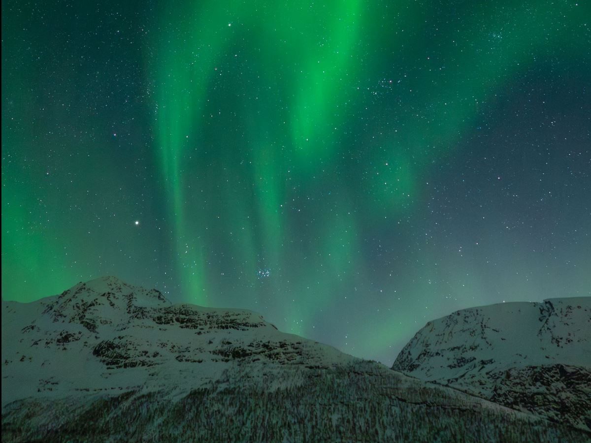 Green Northern Lights stretch across the night sky above snow-covered mountains in Northern Norway. A beautiful example of what guests may experience on a guided Northern Lights chase from Tromsø.
