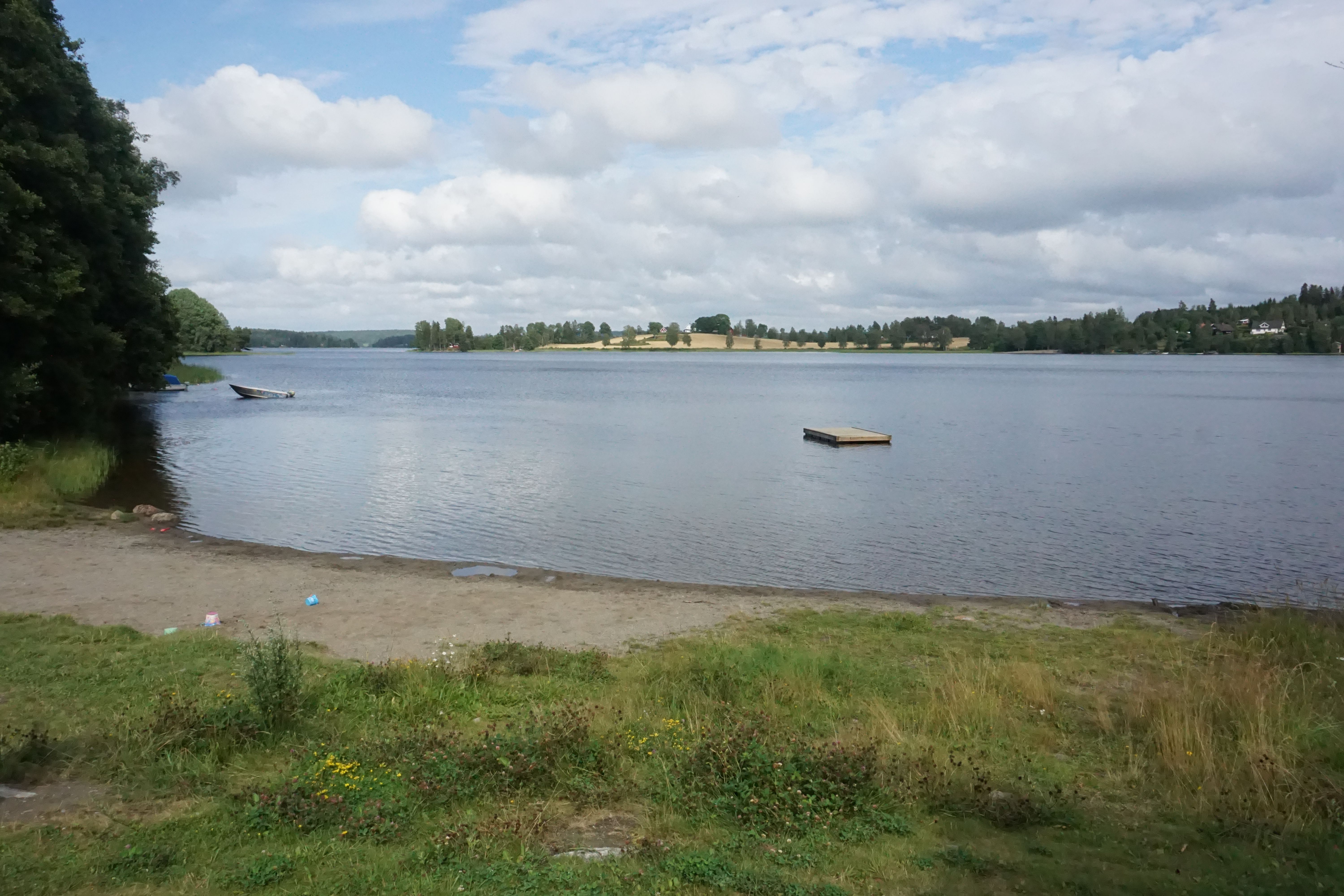 Strand med badebrygge i vannet