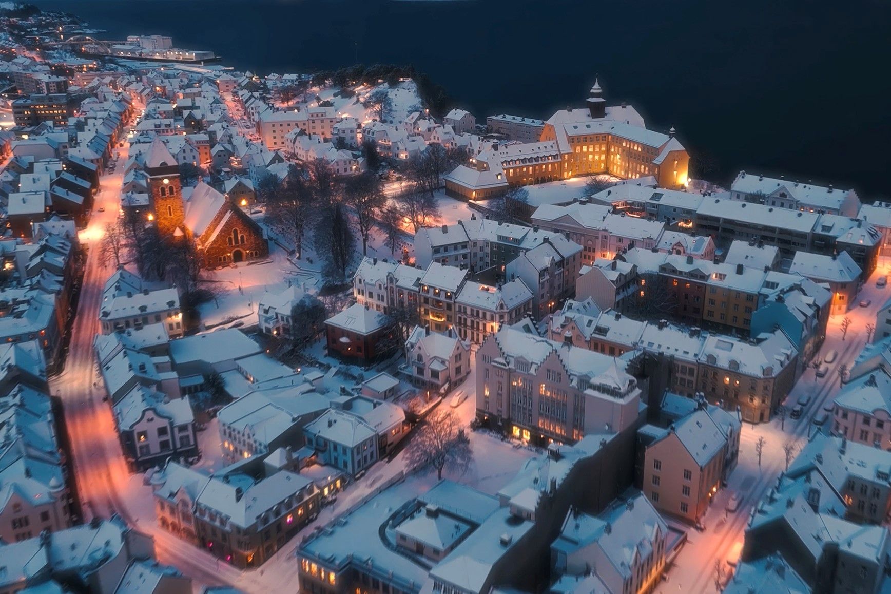 Enchanting snowy evening in Ålesund. Scene from the movie