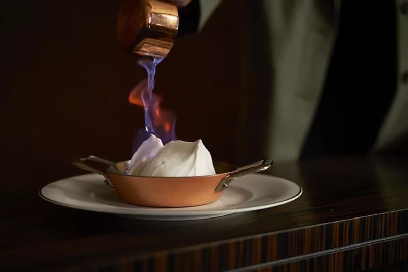 Detail of flambéed dessert.