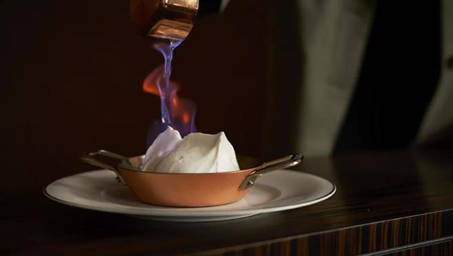 Detail of flambéed dessert.