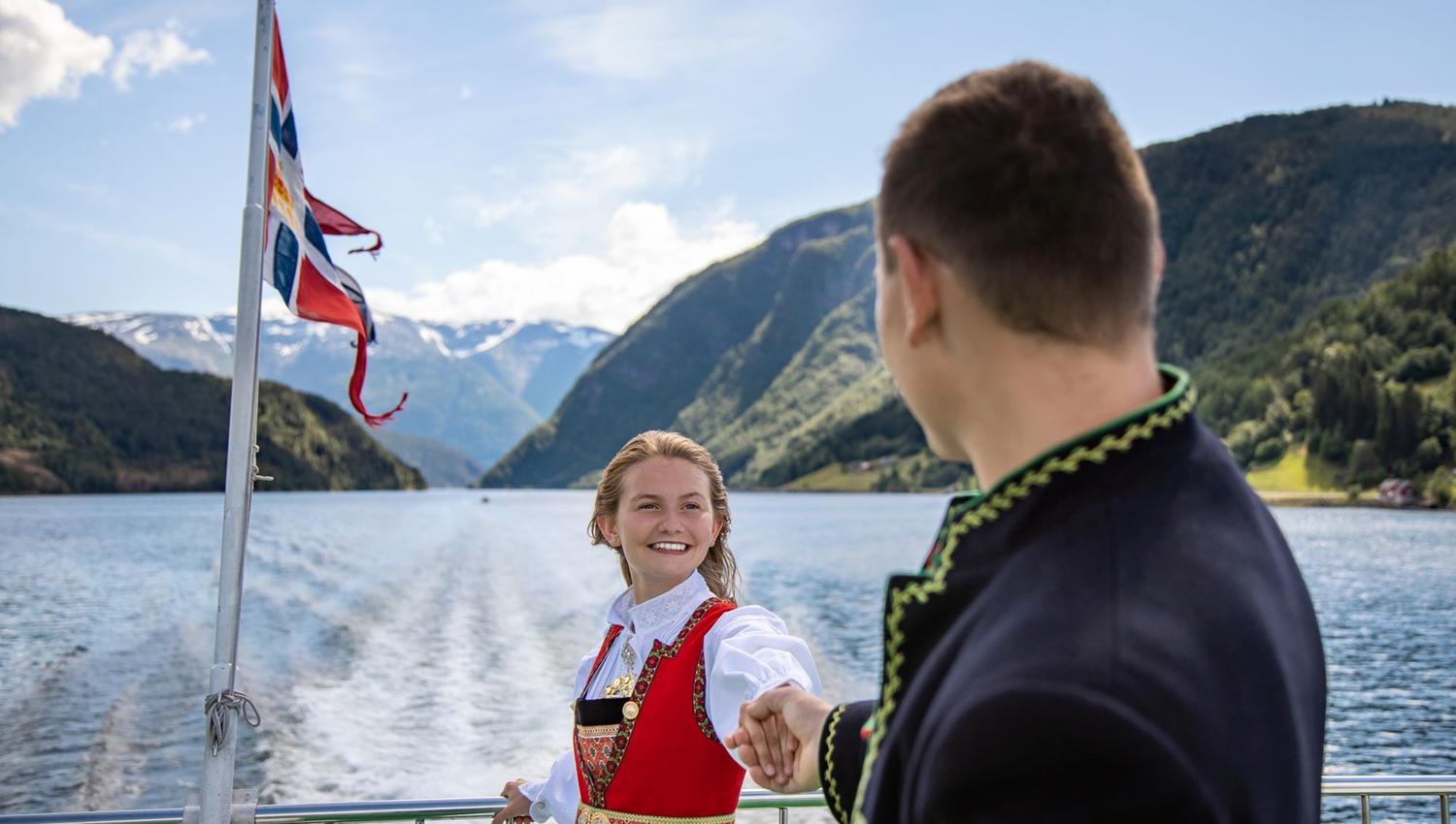 Young couple in traditional Norwegian costumes