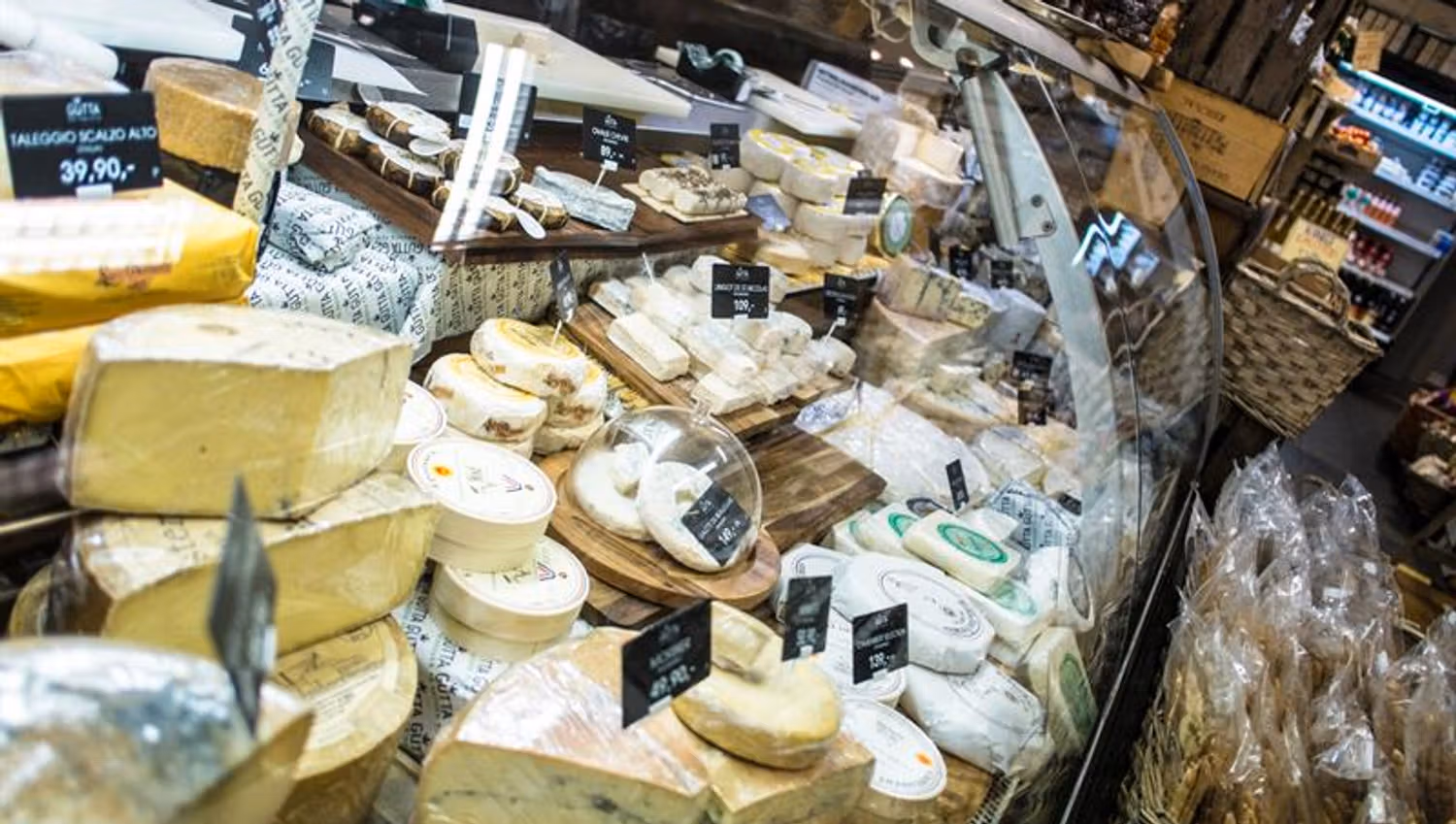 A large selection of cheeses.