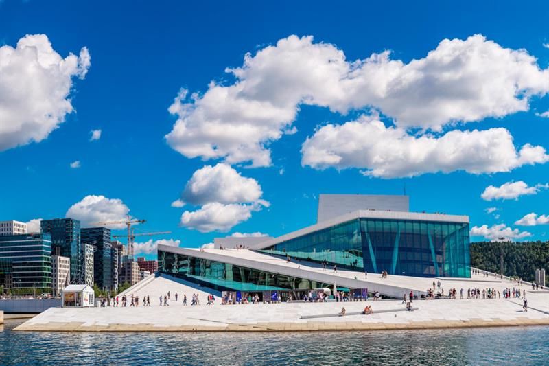 Panorama picture of Oslo Opera House and surrounding areas.