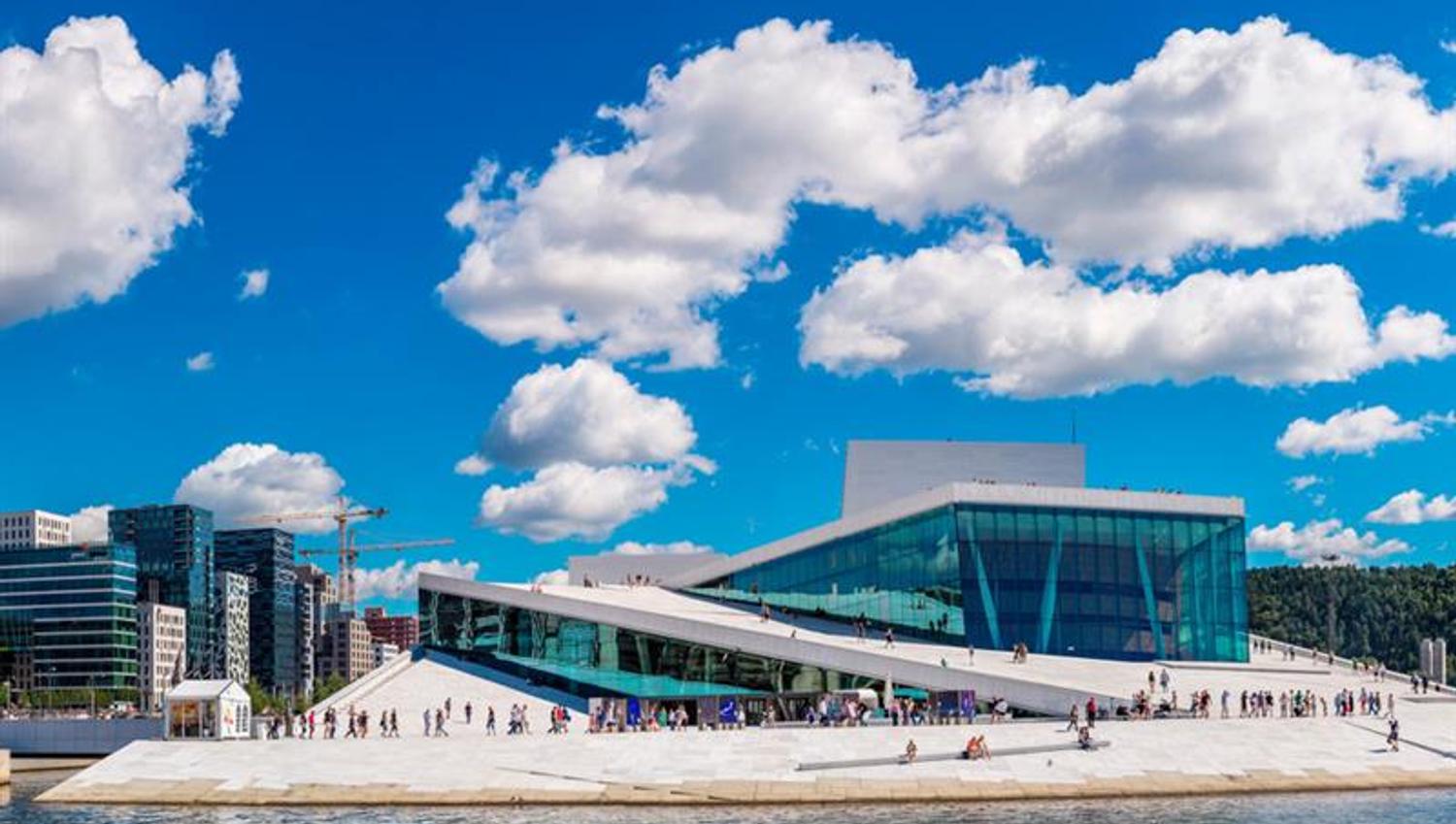 Panorama picture of Oslo Opera House and surrounding areas.