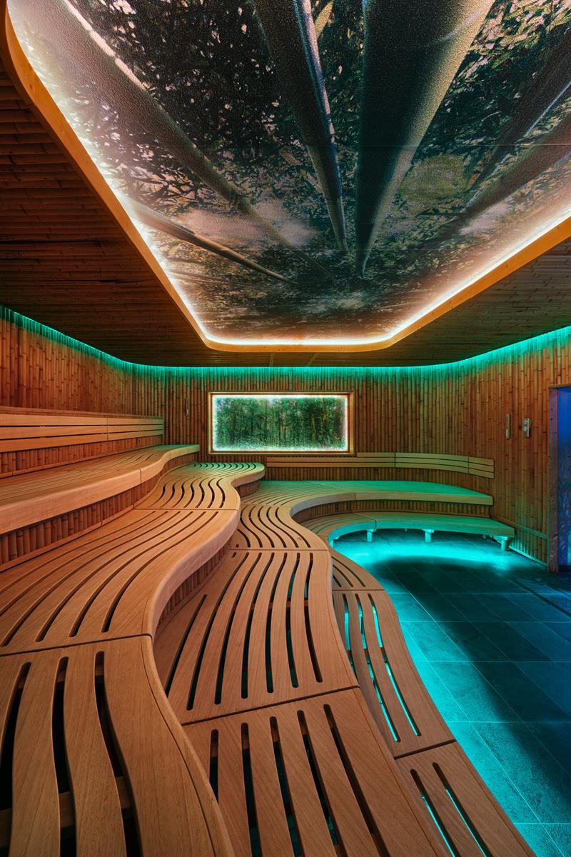Tropical sauna with benches