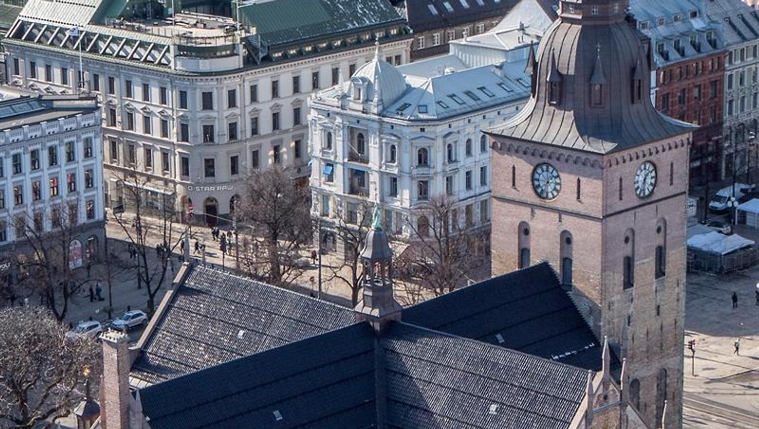 oslo cathedral seen from above from a bird's eye view