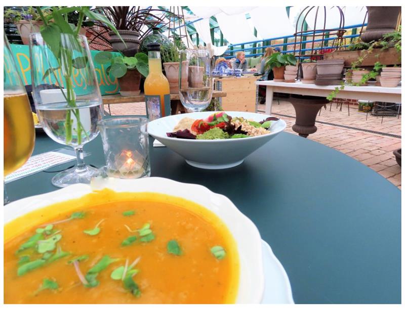 soup, glasses on a table 
