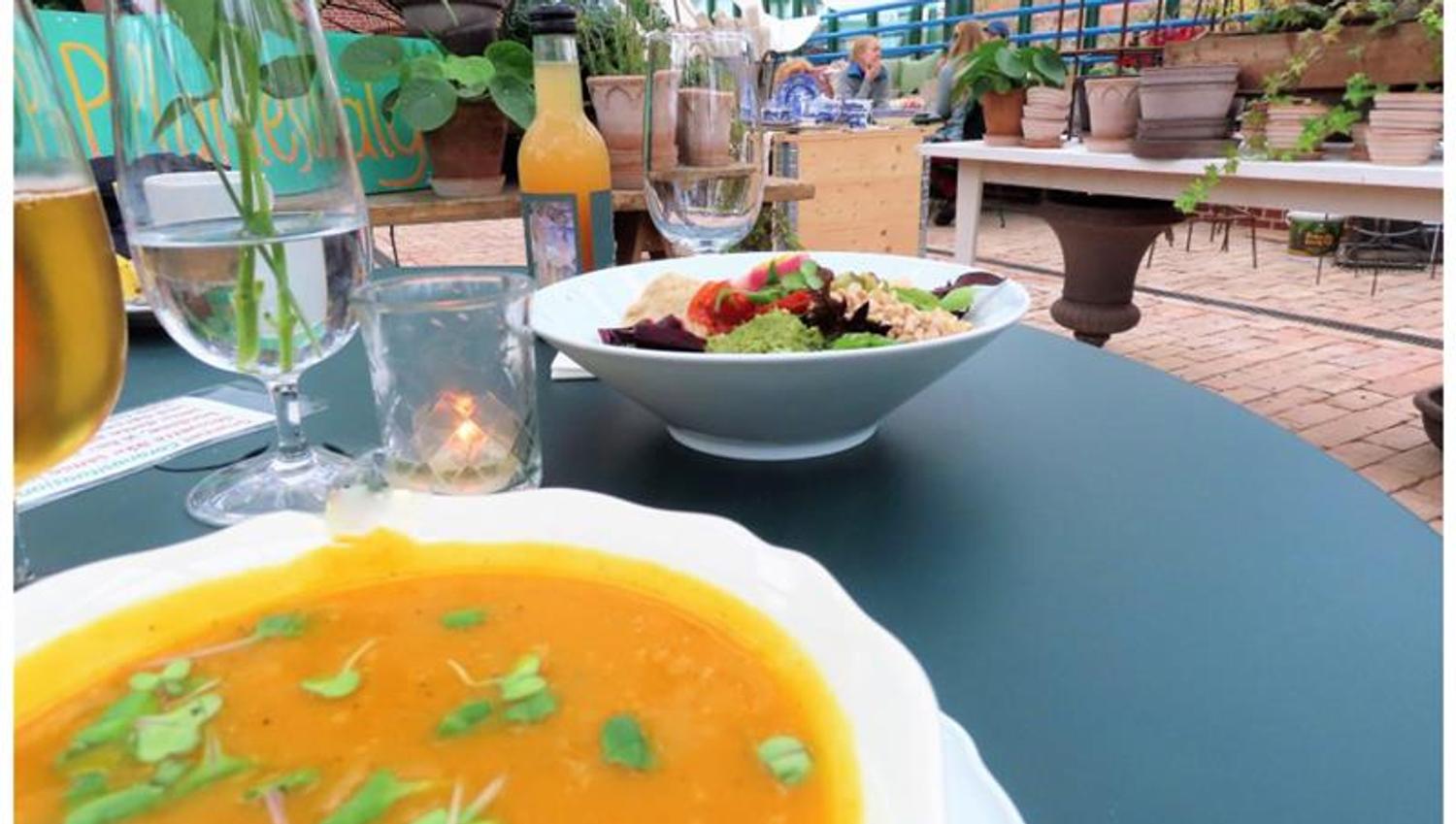 soup, glasses on a table