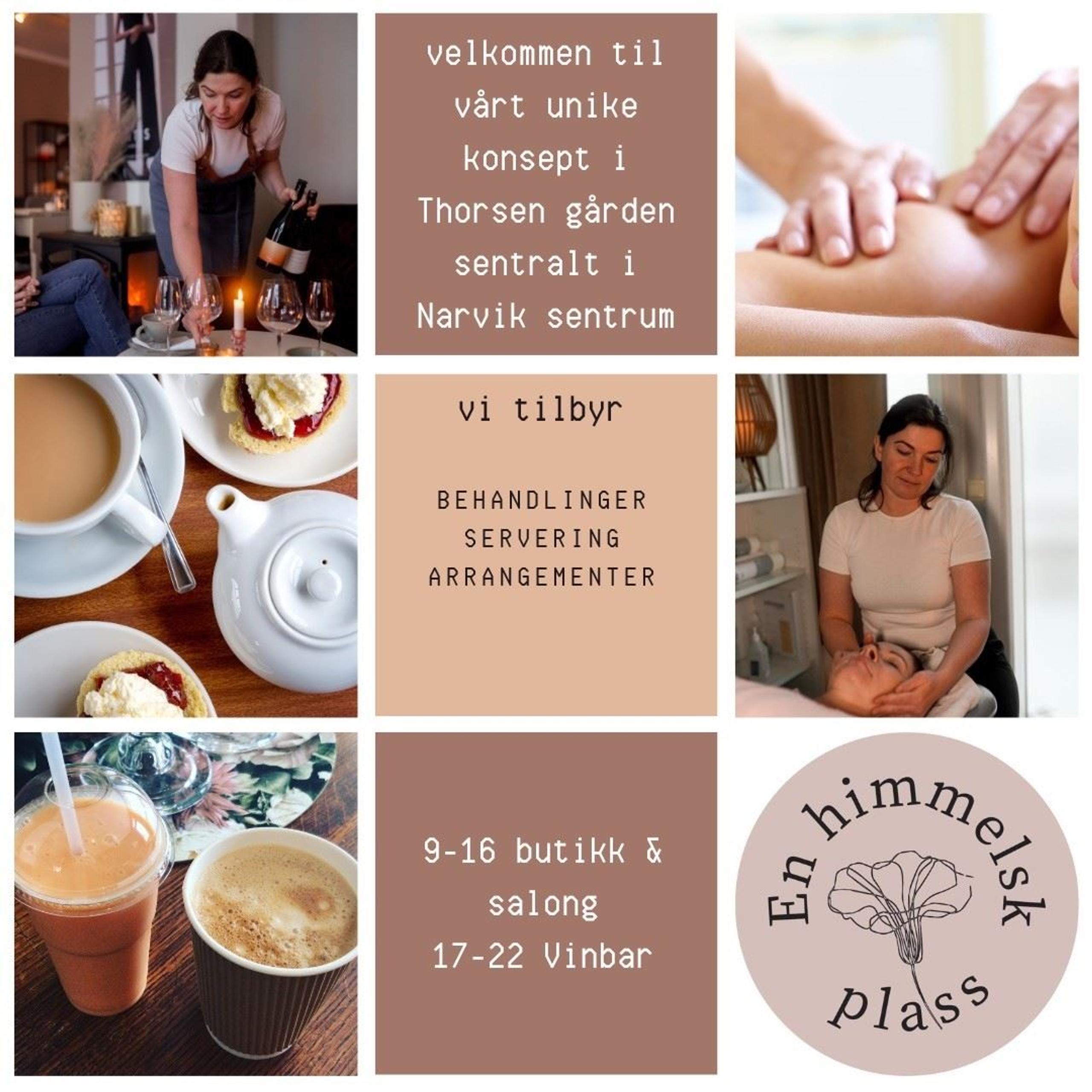 Grid collage showing wine service, massage, coffee and pastries, a facial treatment, drinks, and a logo with text blocks..