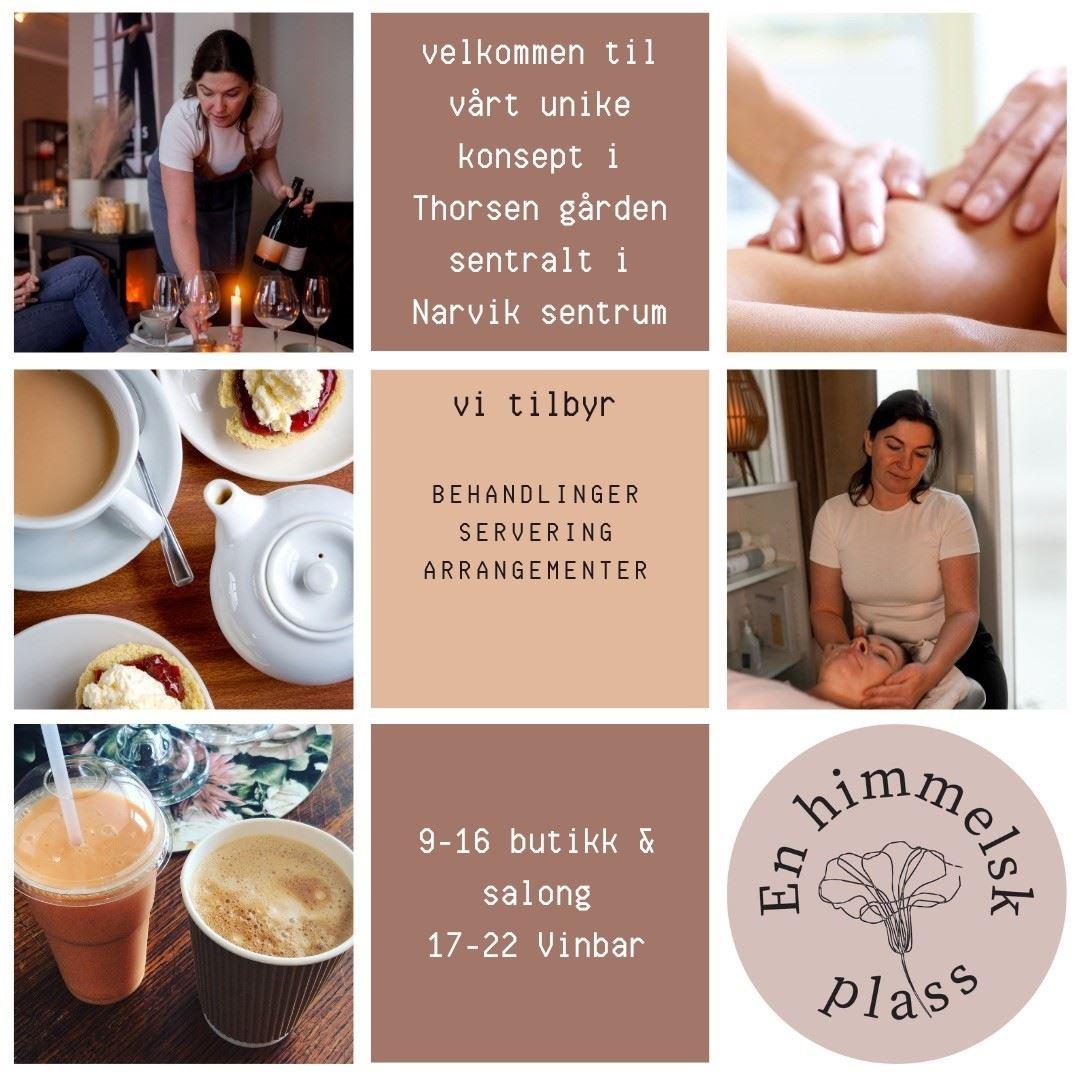 Grid collage showing wine service, massage, coffee and pastries, a facial treatment, drinks, and a logo with text blocks..
