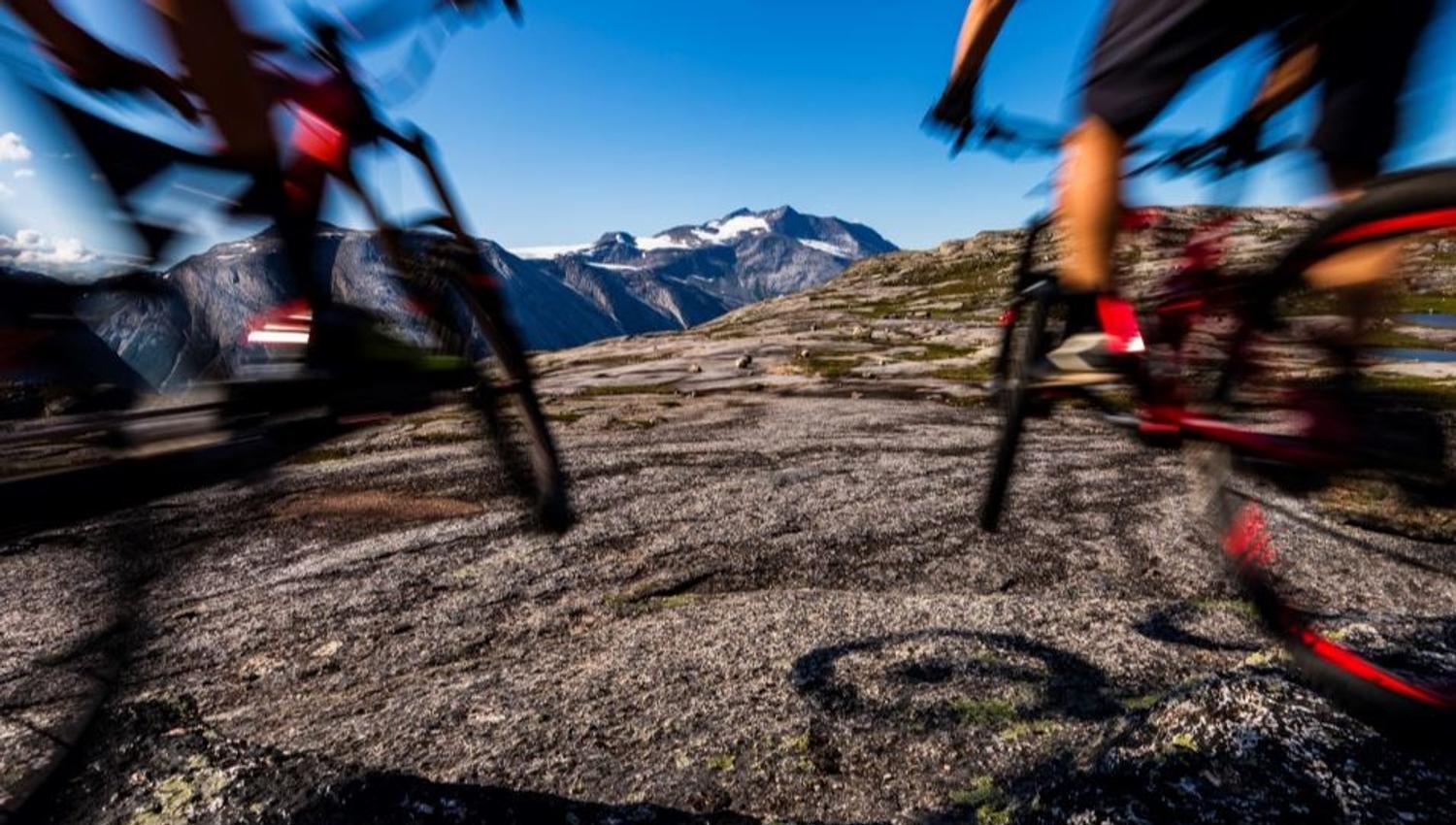 Two cyclists speeding over rocky mountain terrain, with blurred movement and mountains and blue skies in the background.