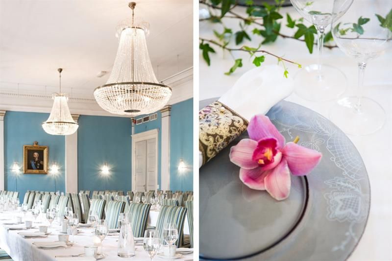Dining room with a set long table underneath two chandeliers, and detail photo of a plate with cutlery and a pink flower on it.