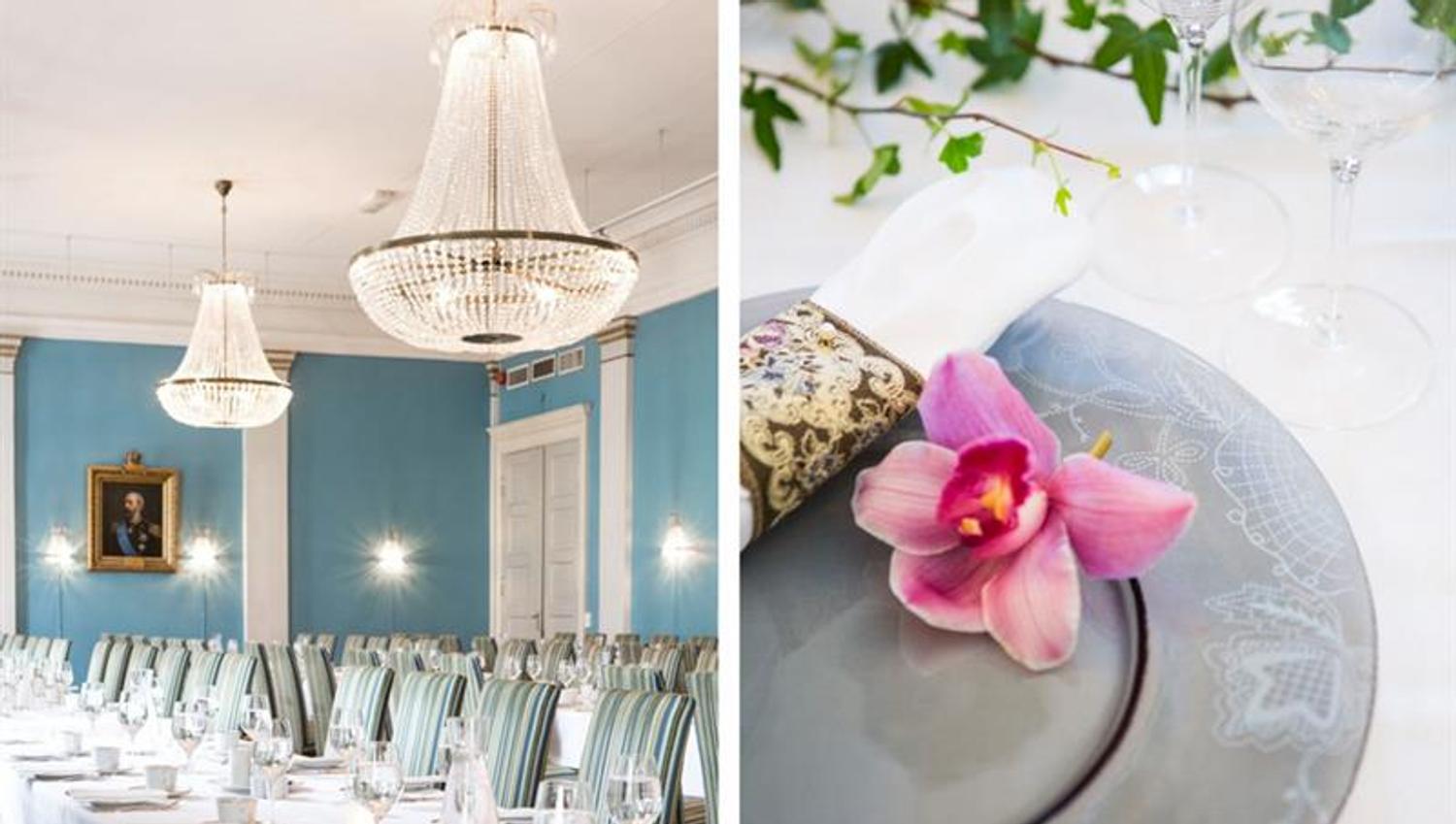 Dining room with a set long table underneath two chandeliers, and detail photo of a plate with cutlery and a pink flower on it.