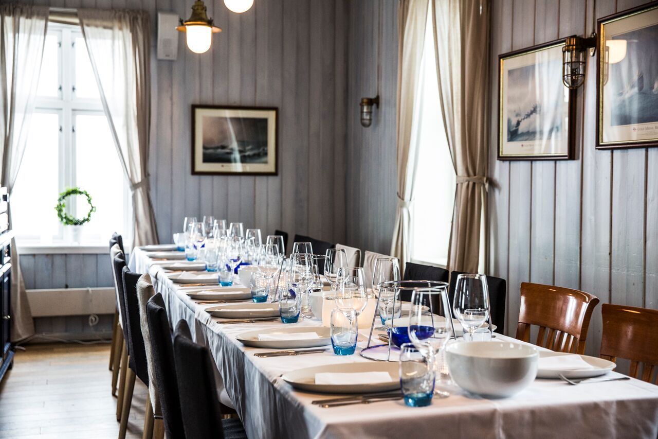 A long table set for dining.