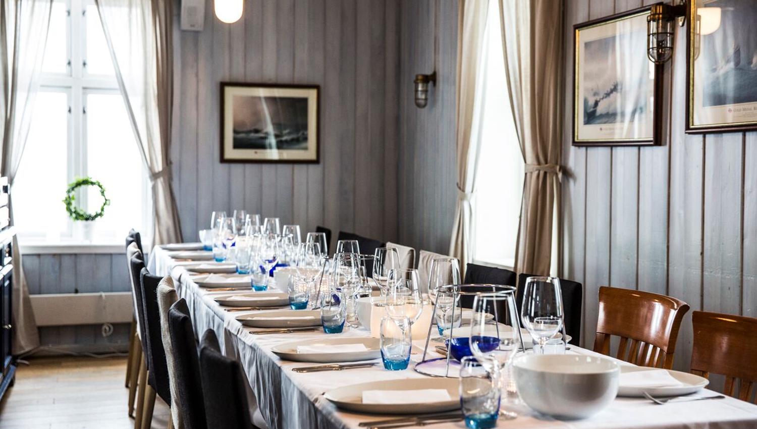 A long table set for dining.