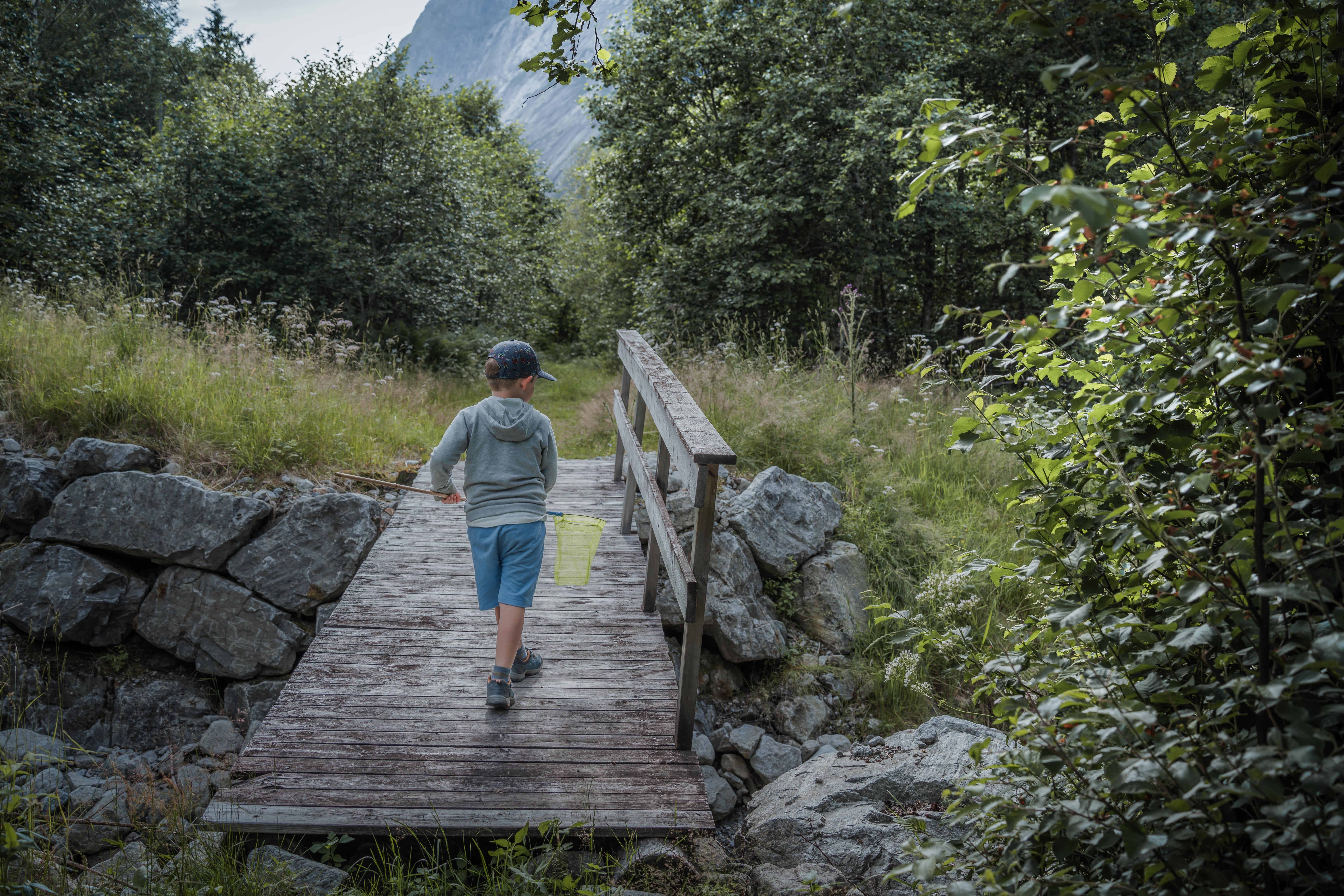 A little boy with a hoof walks across a bridge in the forest.